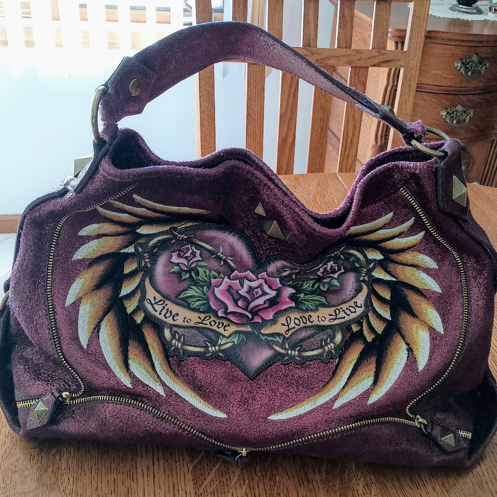 LIMITED EDITION ISABELLA FIORE 2007 TATTOO HANDBAG LIVE TO LOVE Metallic Plum
